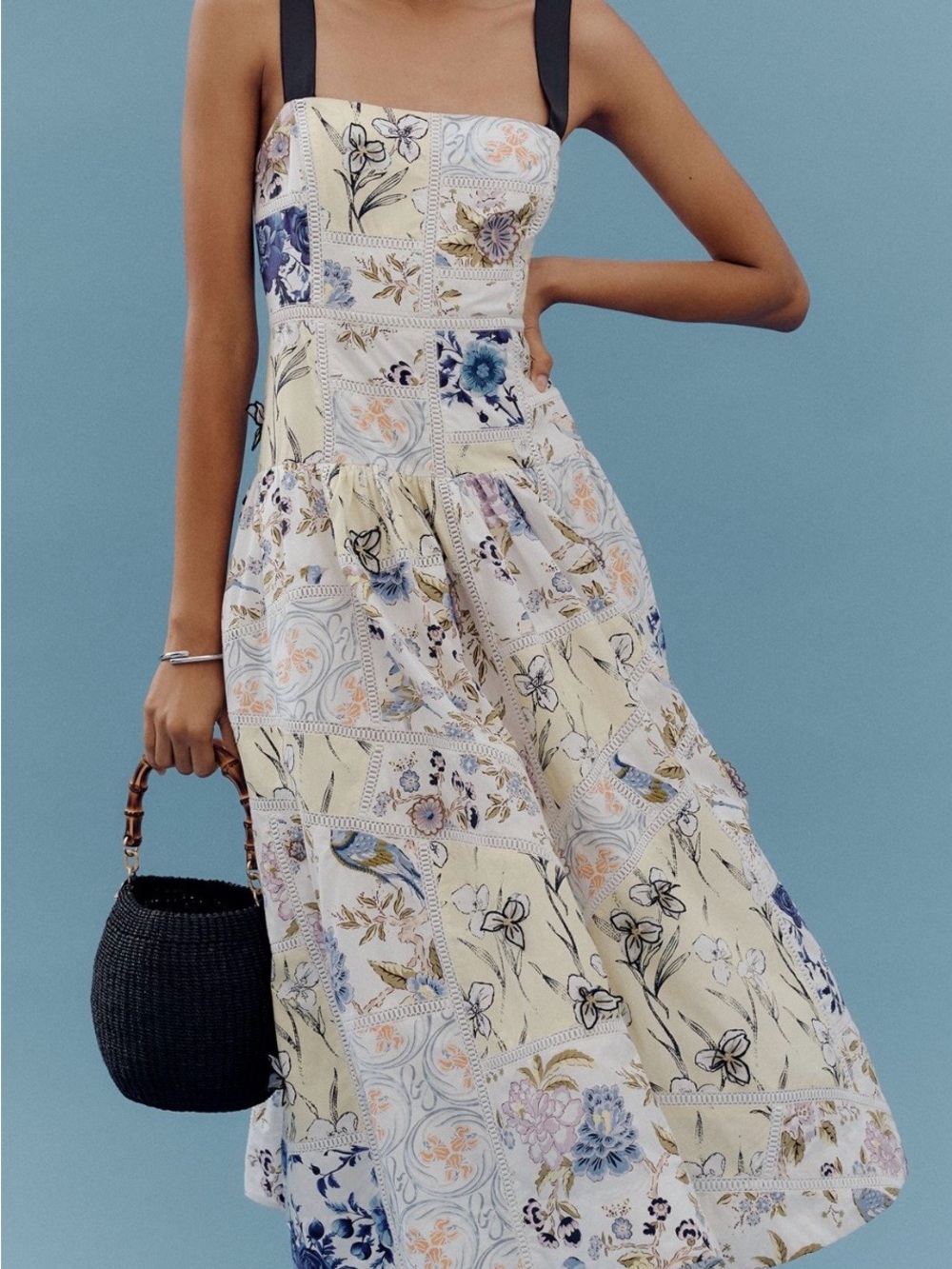 Maeve by Anthropologie Cotton Sleeveless Square-Neck Tile Printed Midi Dress